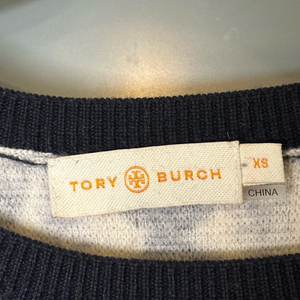 TORY BURCH Sweater Size XS Navy Cream Patterned Merino Wool